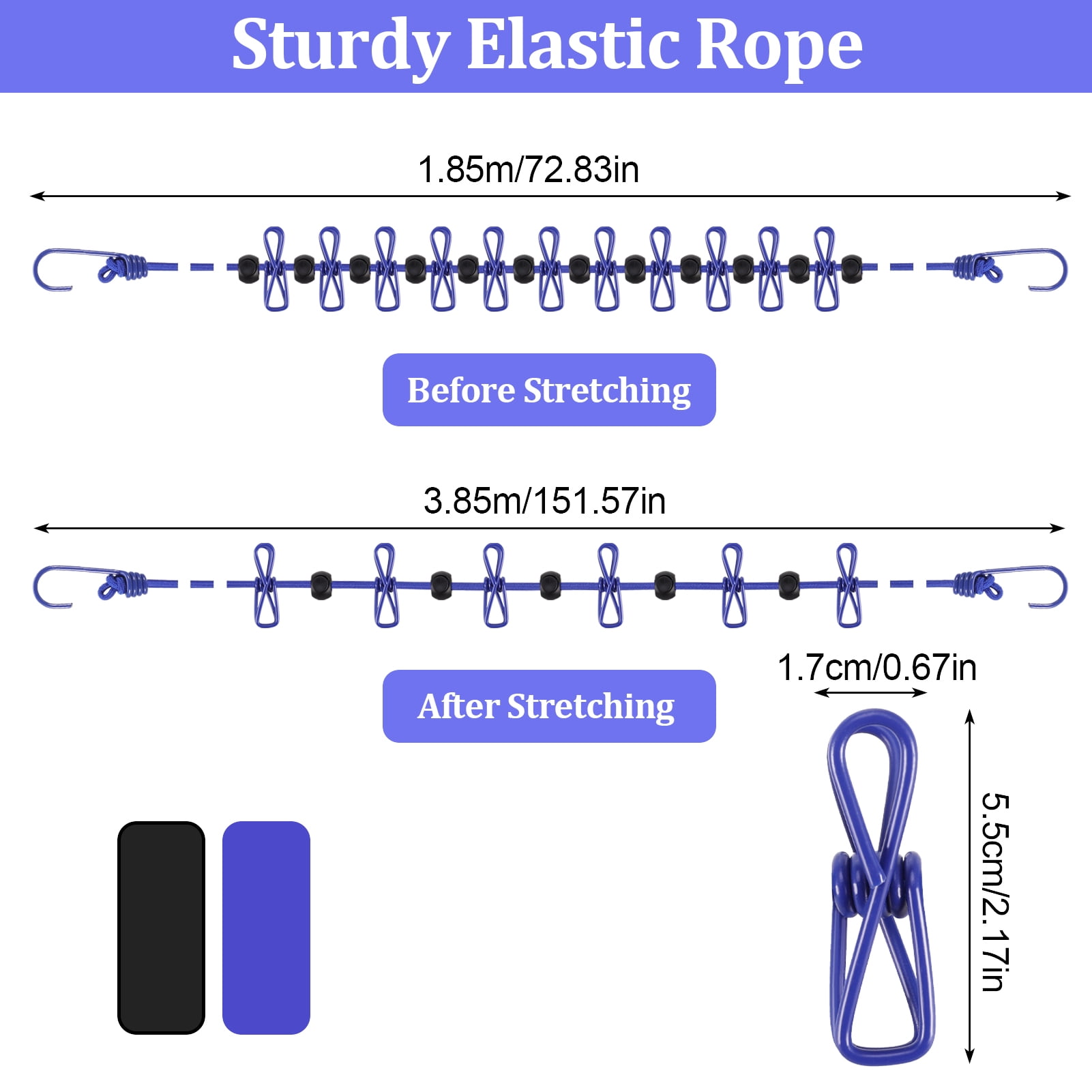 Hengguang 2 Pack Portable Clothesline with 12 Clothespins, Windproof Travel Clothesline Stretchy Retractable Elastic Laundry Clothes Line for Backyard, Vacation Hotel, Balcony Clothes Drying Line