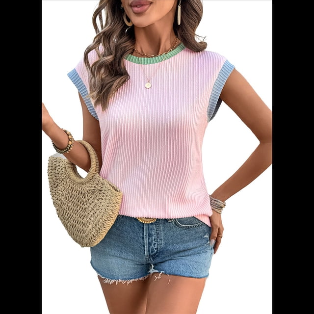 Blusas de Verano para Mujer, de Corta, con Bloques de Color, Cuello Redondo, de Punto con Cordón, Holgadas, Informales, Básicas, Rosa, Talla XL