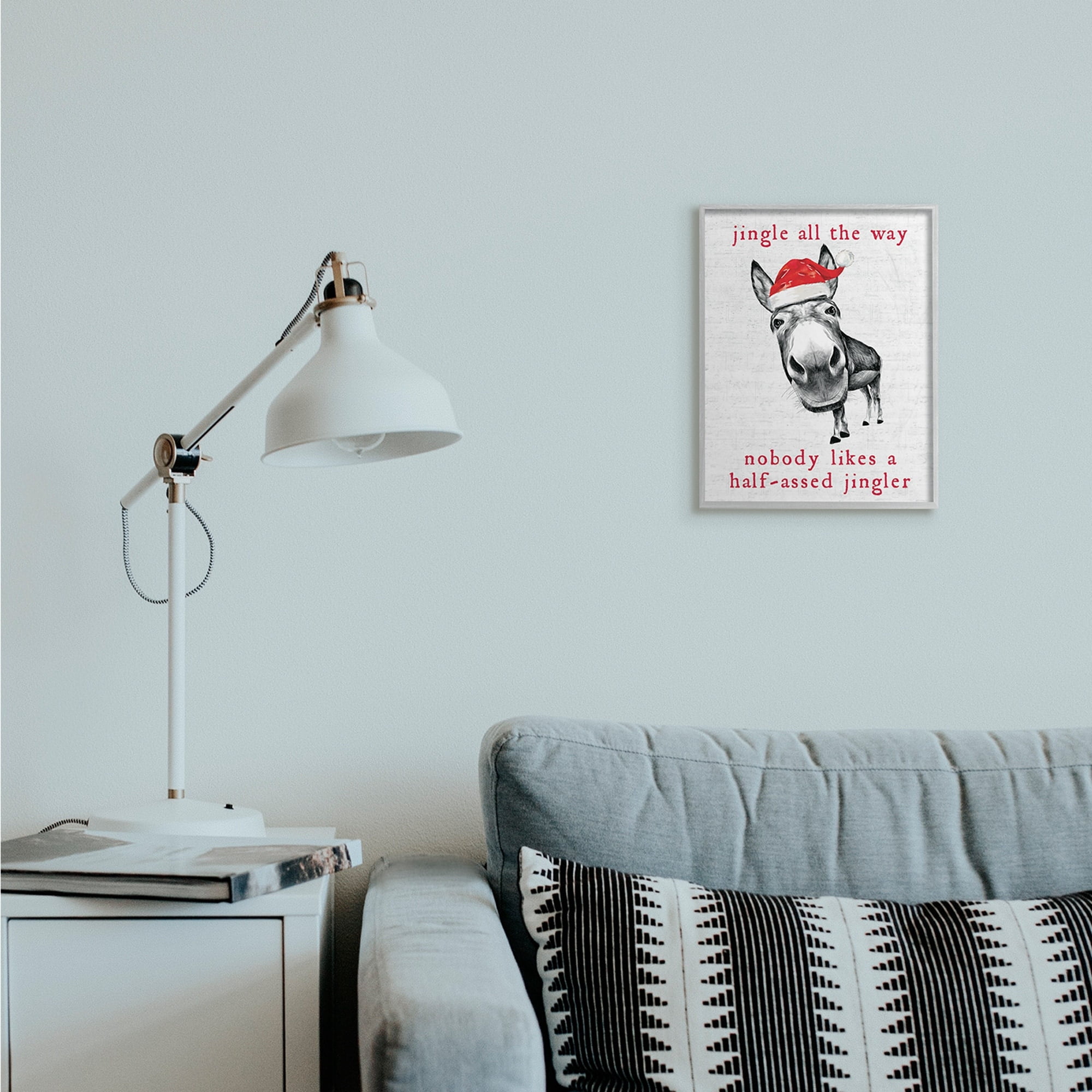 Stupell Industries Jingle All the Way Quote Sassy Christmas Donkey Holiday Painting Gray Framed Art Print Wall Art, 11 x 14