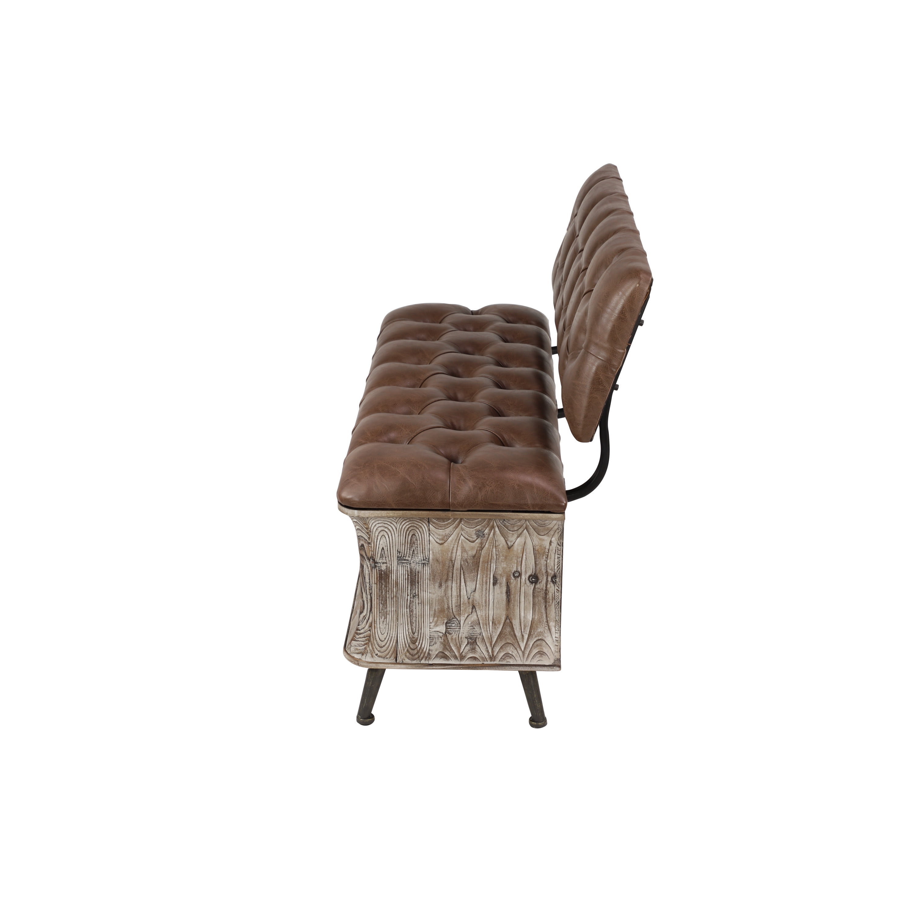 DecMode Wood Storage Bench with Tufted Faux Leather Seat and Back, Brown
