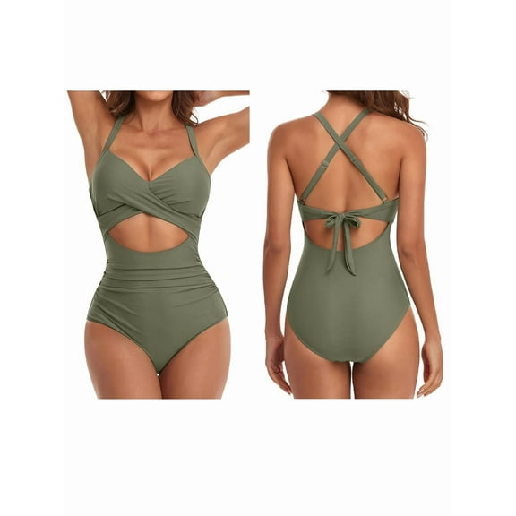 Women'S Swimsuits Tummy Control Cutout High Waisted Bathing Suit Wrap Tie Back 1 Piece Swimsuit Light Green M