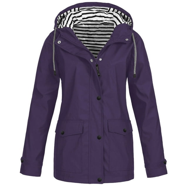 Jackets Women Solid Rain Jacket Outdoor Plus Size Hooded Raincoat Windproof Womens Spring Jacket on Clearance