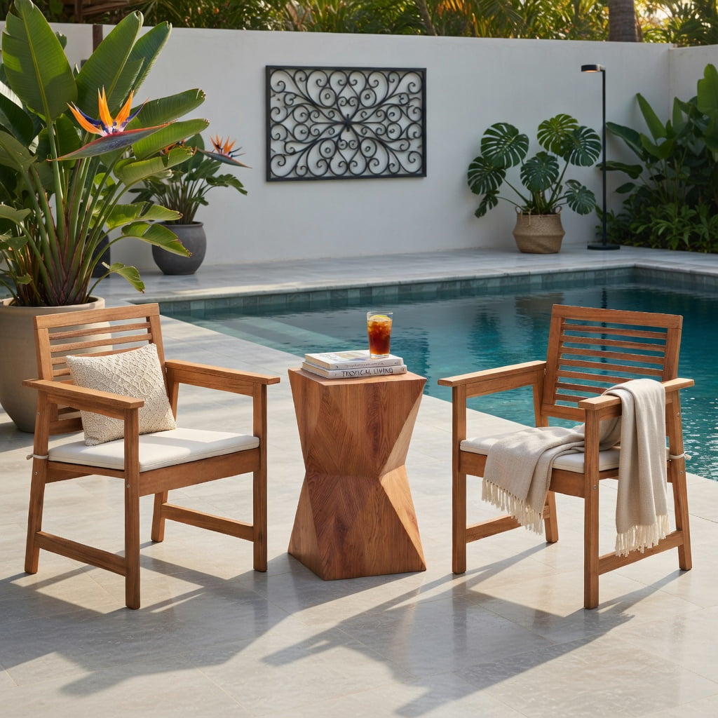 Hommoo 2-Pack Solid Wood Patio Dining Chairs with Off-White Cushions, Breathable Slatted Seat, Ergonomic Design for Backyard, Balcony & Poolside, Natural