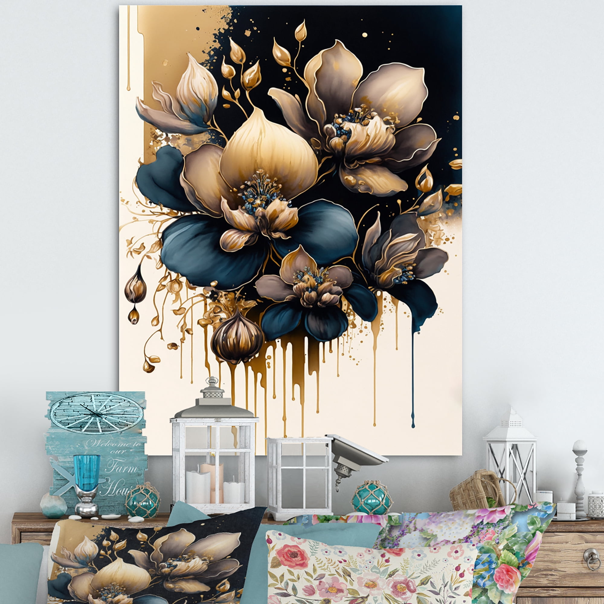 Designart Blue And Gold Orchid Flowers Canvas Wall Art