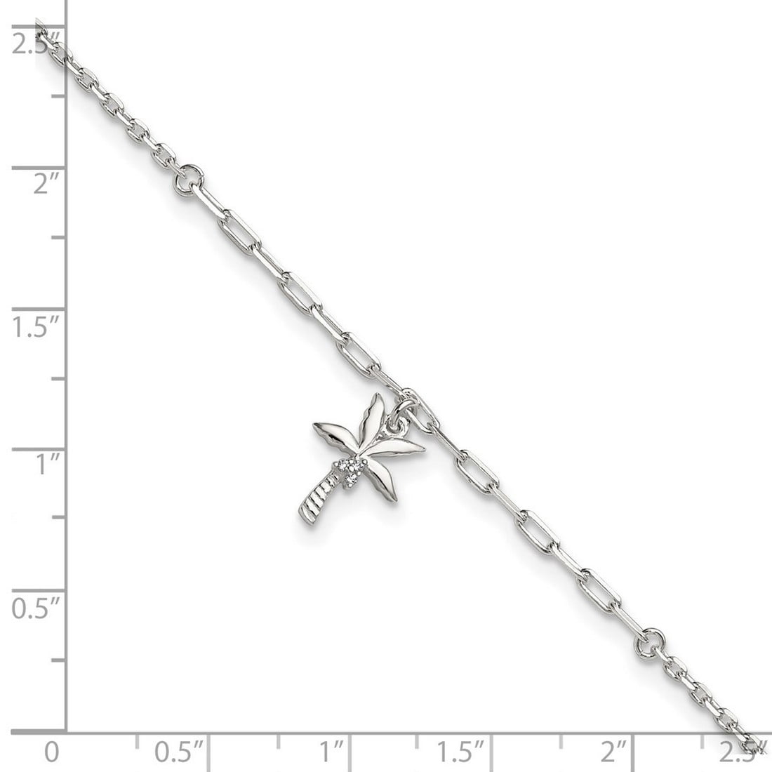 2mm 925 Sterling Silver Polished Cubic Zirconia Palm Tree Plus 1in Extension Anklet 9 Inch Anklet for Women