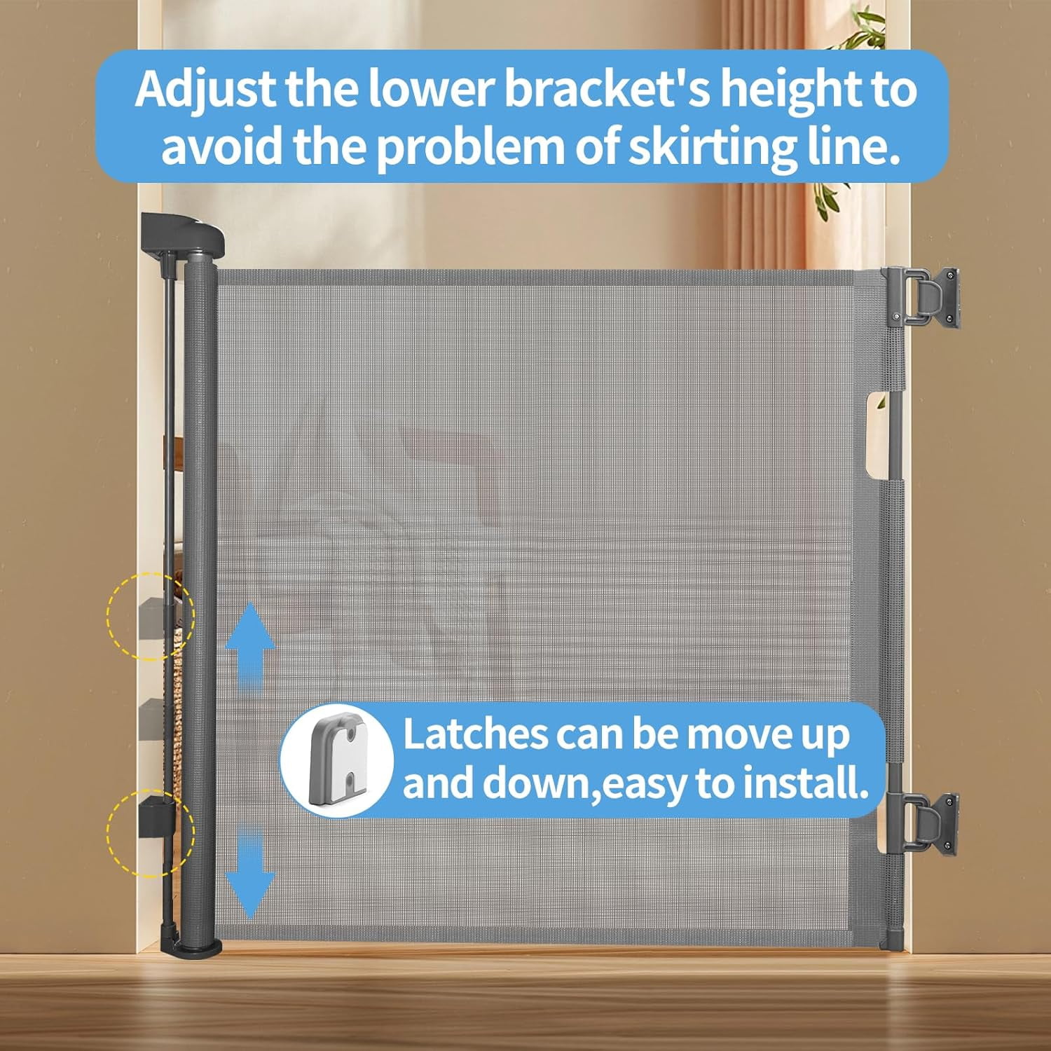 Retractable Baby Gate for Stairs – 33” Height, Expands up to 55” Width – Safety Gate for Infants, Toddlers, Dogs & Pets – Easy Install, Secure Closure, Gray Mesh Design for Indoor & Outdoor Use