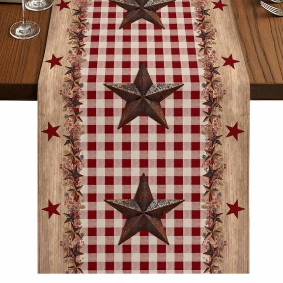 Country Star Farm 108 Inch Table Runner, Farmhouse Plaid Texas Vintage Fruit Farmhouse Dresser Scarf Cotton & Linen Tablerunner for Dining/Kitchen Island/Holiday Party Décor 13" x 108"
