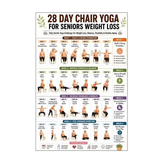 Chair Yoga for Seniors Women Poster, 28-Day Seated Balance Exercise Guide