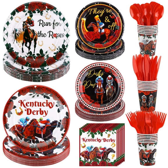 Kochorie 168 Pieces Horse Racing Tableware AFN1Sets Including Disposable Plates Cups Napkins Cutlery Serves 24 for Birthday Horse Theme Party Supplies