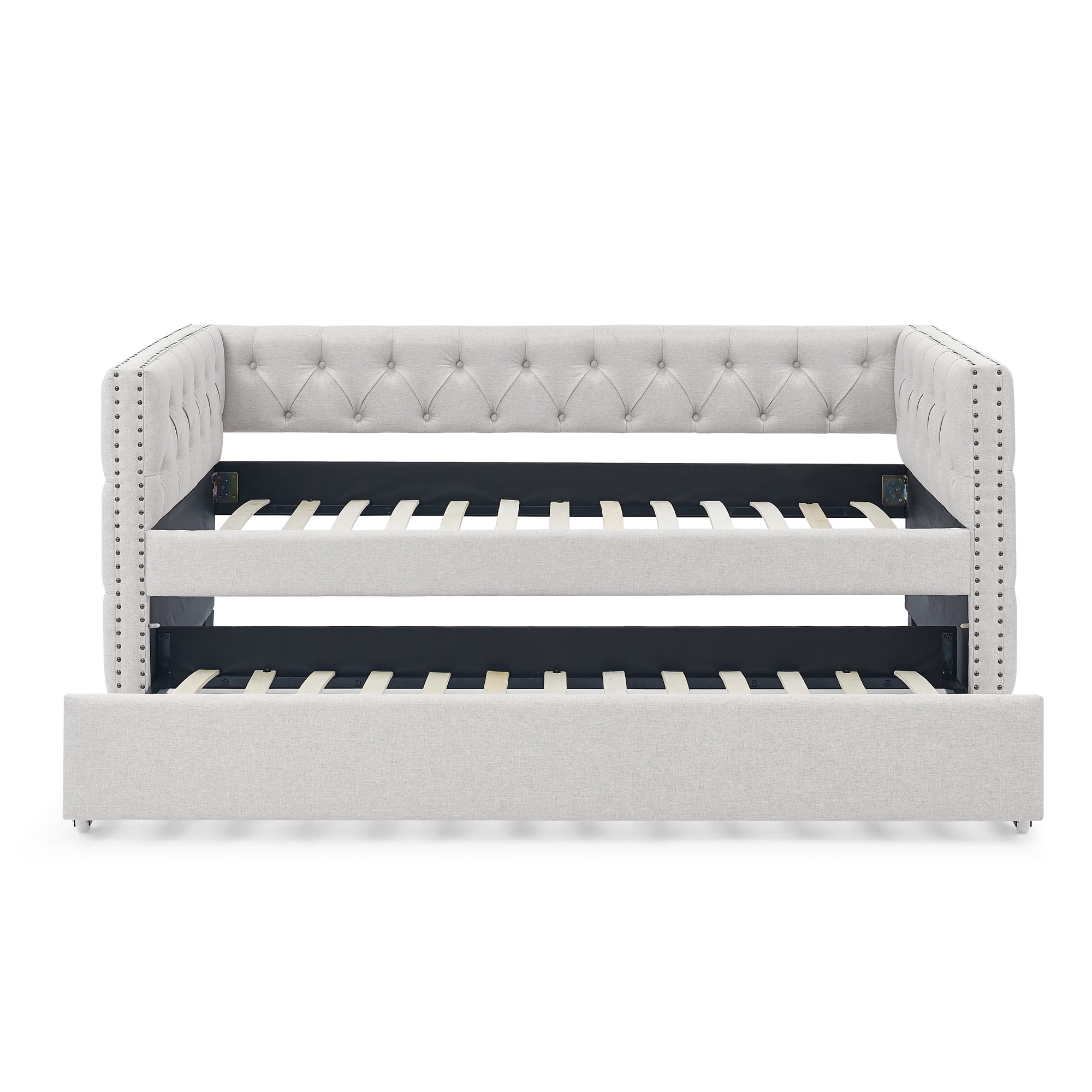 DEALTOPS Upholstered Twin Daybed with Trundle, Modern Wood Day Bed with Button Tufted Pull Out Sofa Bed Daybed with Copper Nail for Living Room - Beige