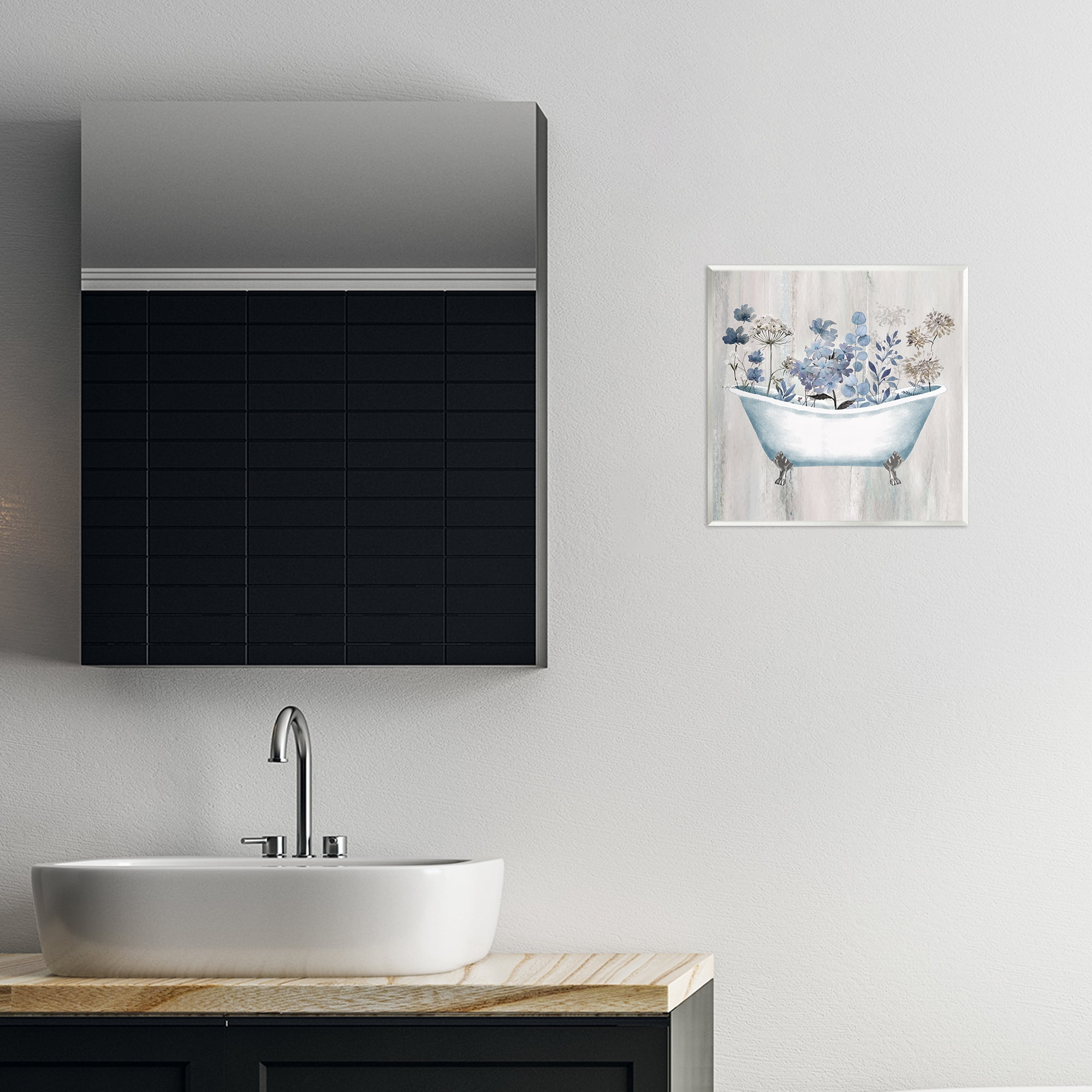 Stupell Industries Rustic Blue Floral Tub Bath & Laundry Painting Unframed Art Print Wall Art, 12 x 12