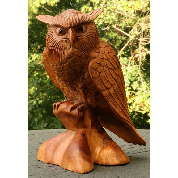 12" Large Solid Wooden Handmade Owl Statue Handcrafted Figurine Art Home Decor Sculpture Hand Carved Decorative Rustic Accent Decoration