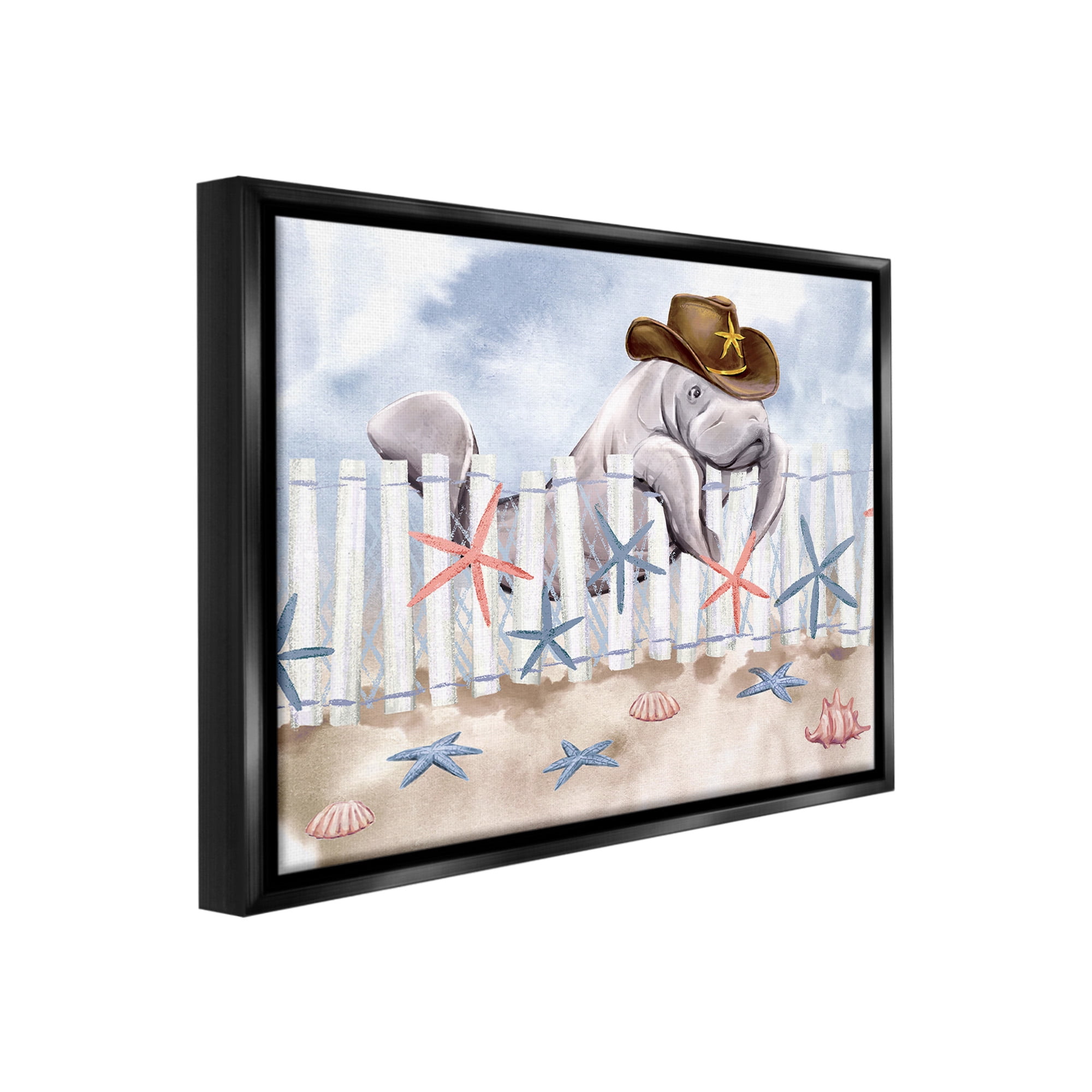 Stupell Industries Manatee in Cowboy Hat Animals & Insects Painting Black Floater Framed Canvas Art Print Wall Art, 21 x 17