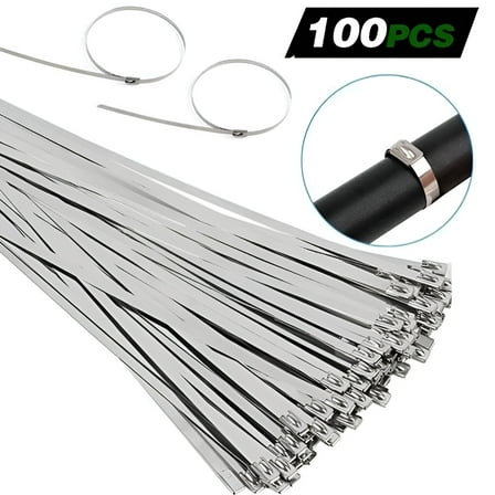 TALENO 100 Pcs Metal Zip Ties 304 Stainless Steel Zip Ties Heavy Duty Self Locking Tensile Strength Cable Ties Suitable for Exhaust Wrapping,Fence,Outdoor Workshop and Canopy