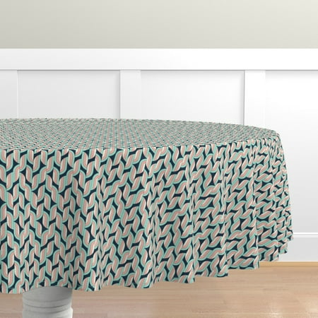 

Cotton Sateen Tablecloth 90 Round - Retro Abstract Leaf Art Deco Geometric Botanical Floral Mint Blue Rose Vintage Print Custom Table Linens by Spoonflower
