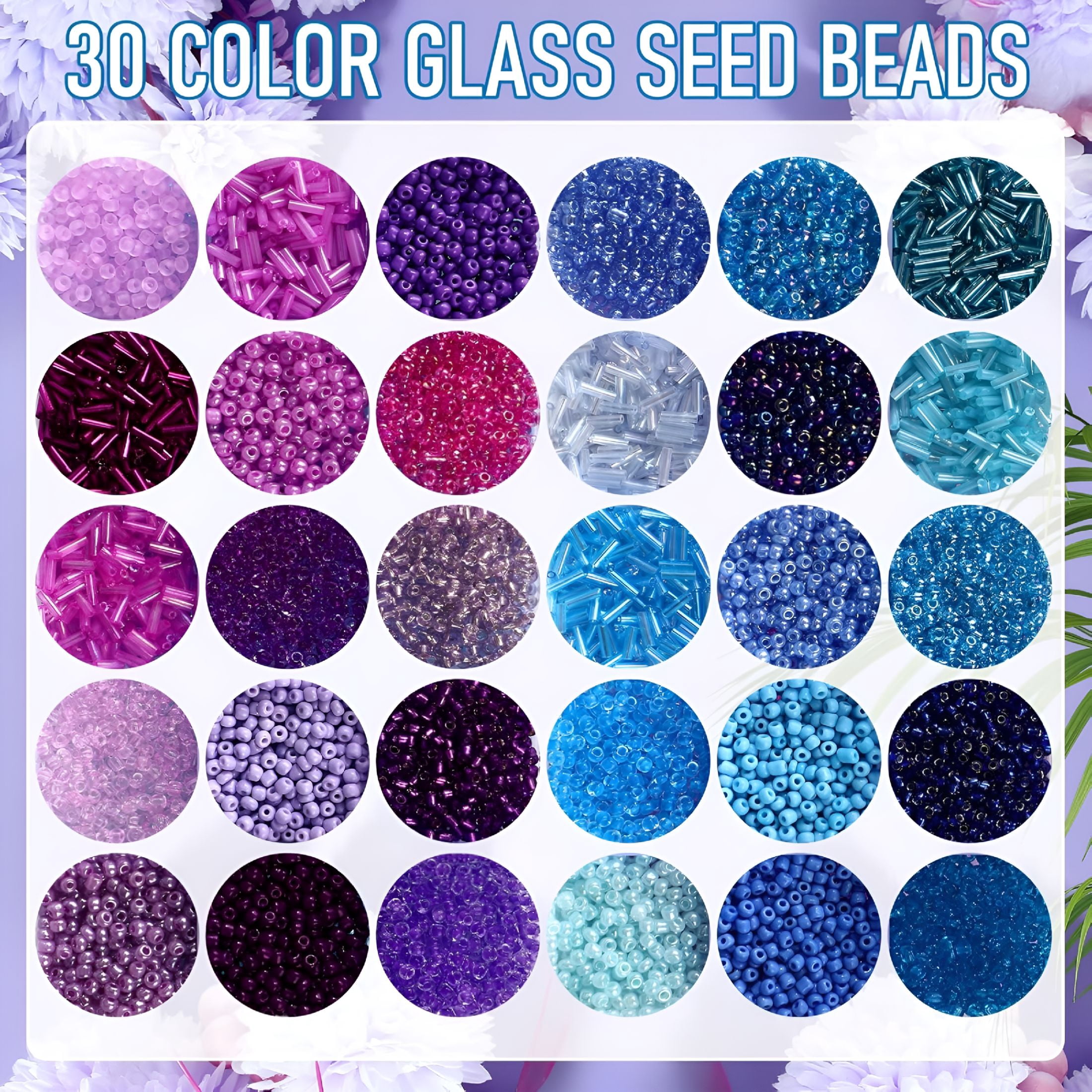 TUWAFE 2026 New 30 Colors Glass Seed and Bugle Beads Kit 2 Organizer Boxes Loose Beads for Jewelry Making Diy Crafts Bracelets and Necklaces(Blue and Purple)