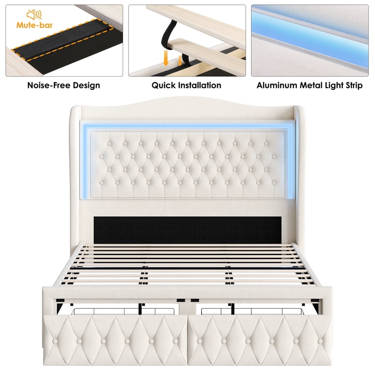 Homfa Queen LED Platform Bed, 54in Velvet Headboard with Storage photo 4