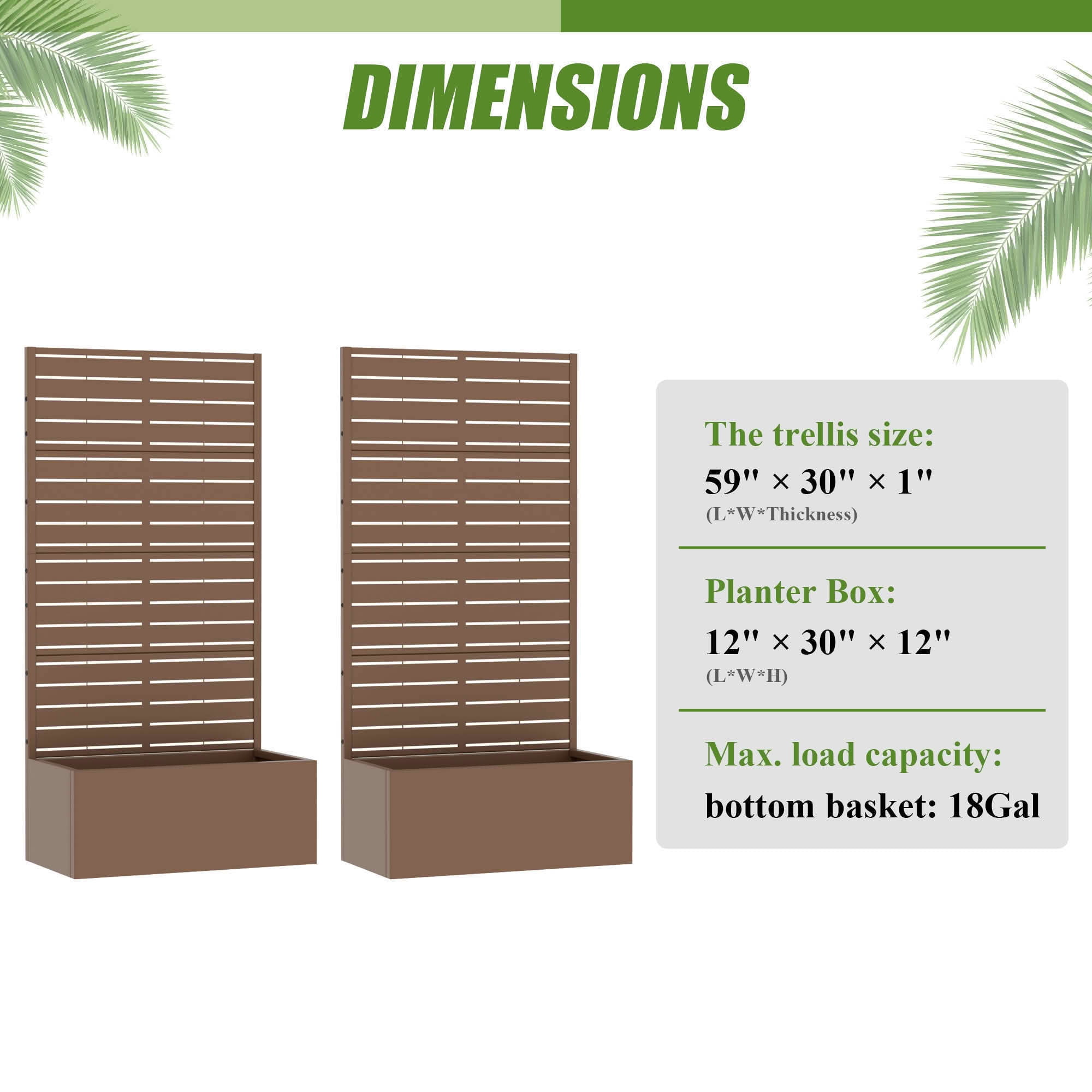 MAYEERTY 59x30 Brown Double-sided Rectangular Iron Planter Box with Trellis, 4 Piece Set Decorative Garden Screen for Patio and Balcony