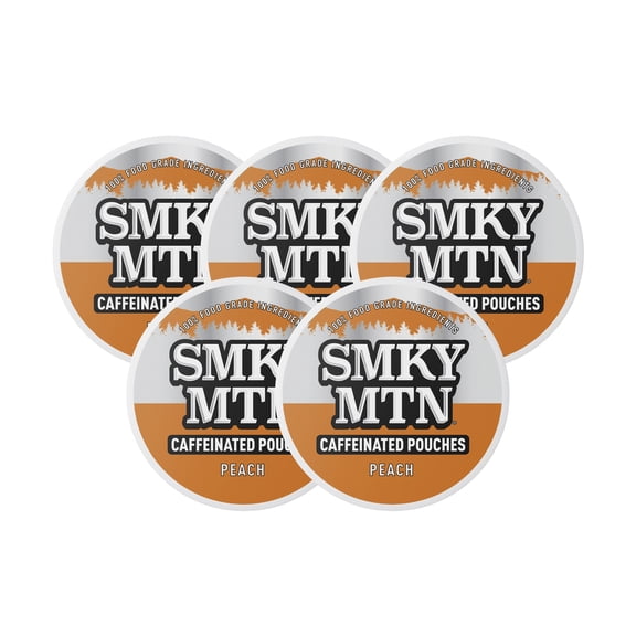 Smokey Mountain Caffeinated Pouches - Peach - Tobacco Free and Nicotine Free - 5 Can Box - 15 Pouches Per Can