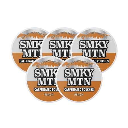 Smokey Mountain Caffeinated Pouches - Peach - Tobacco Free and Nicotine Free - 5 Can Box - 15 Pouches Per Can