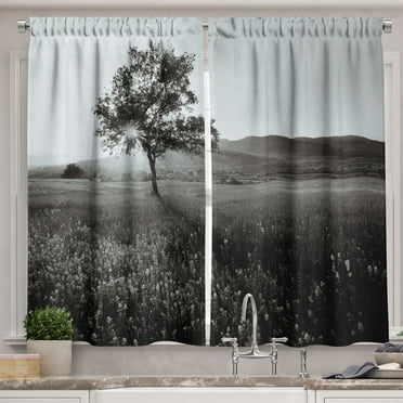 Ambesonne Black and White Kitchen Curtains, Lonely Tree, 55"x39", Pale Grey