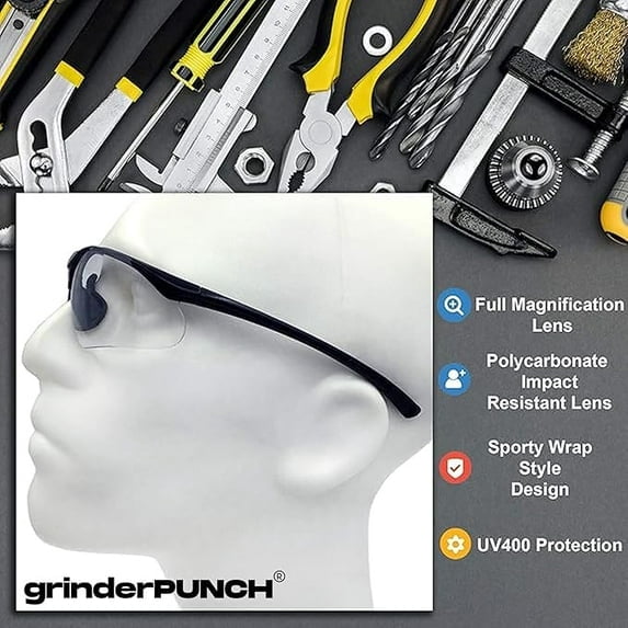 GRINDERPUNCH Full Lens Magnification Safety Glasses Readers ANSI Z87 Impact Resistant Diopter Magnifying Reading Glasses - 1.00