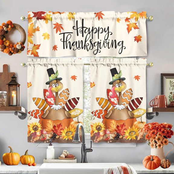 dinii Thanksgiving Kitchen Curtains and Valance Set of 3, Cute Turkey Pumpkin Sunflower Kitchen Window Tier Curtains Farmhouse Window Valances Rod Pocket Panels for Thanksgiving Home Decor