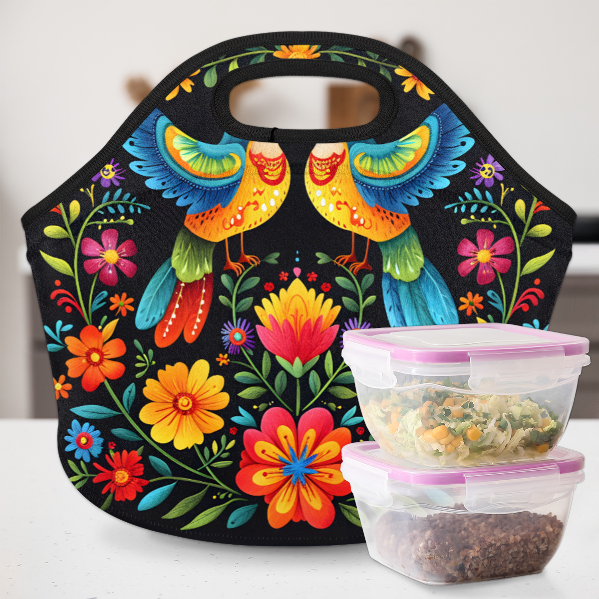 Herdesigns Boho Bird Neoprene Lunch Bag, Colorful Flower Insulated Lunch Box for Women Men Washable Lunch Tote Soft Lunch Container With Zipper for Work Picnic Travel