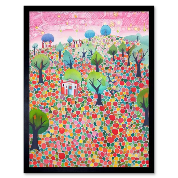 Apple Tree Orchard Fields At Sunset Folk Art Watercolour Painting Art Print Framed Poster Wall Decor 12x16 inch