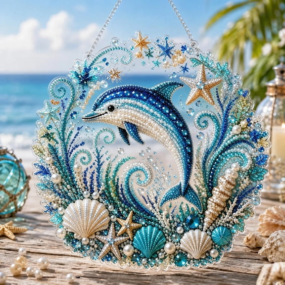 Ocean Pearl Art DIY Hanging Ornament Kit, 5D Diamond Painting for Adults, Marine Life Suncatcher Window Hanging Decor, Sea Rhinestone Mosaic Craft Kit (Dolphin)