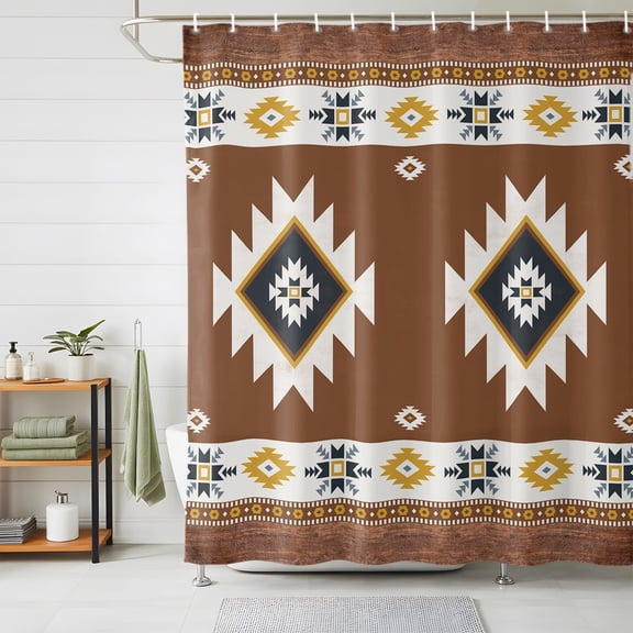 Shower Curtains for Bathroom, Southwest Waterproof Fabric Shower Curtain, Western Brown Yellow Geometric Abstract Art Wooden Decorative Bathroom Curtain for Bathtub, 72"x72", No Hooks Included