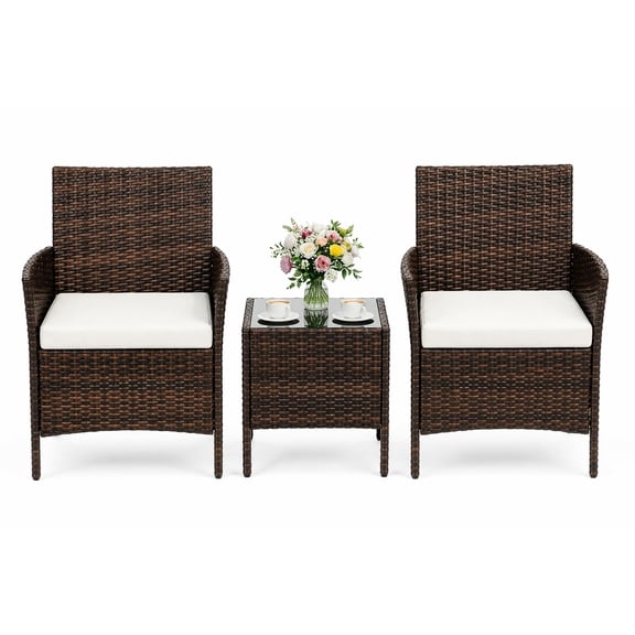 3 Pieces Outdoor Patio Furniture Set, PE Rattan Wicker Chairs with Soft Cushion & Glass Coffee Table for Backyard Porch Poolside – Brown and Beige