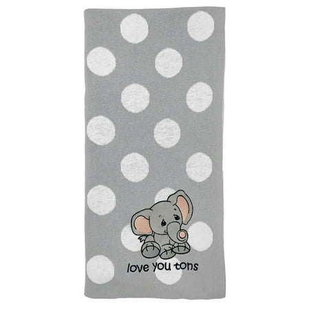 Precious Moments-Precious Moments Jacquard Baby BlanketGrey This elegant Precious Moments brand 100% cotton jacquard baby blanket is so very soft. The embroidered elephant with the phrase  love you tons  is nestled amid a sea of bold white dots. Superior quality materials and construction. Makes a very nice baby shower gift. Available in pink  blue or gray. Blanket is 30 X 36 and is machine wash and dry. Grey