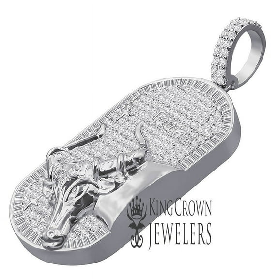 Unisex 14K White Gold Finish Taurus Bull Zodiac Sign Astrology Horoscope Charm Baguette & Round Cut Diamond Pendant