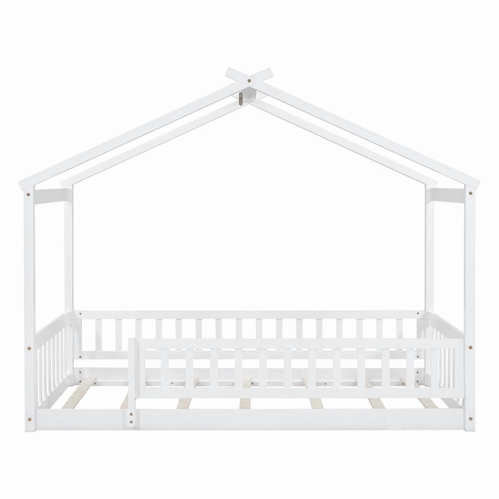 Twin Size Wood House Bed Floor Bed with Fence and Guardrails, Kids Playhouse Bed Toddler Bed Montessori Bed for Kids Boys Girls, No Box Spring Needed