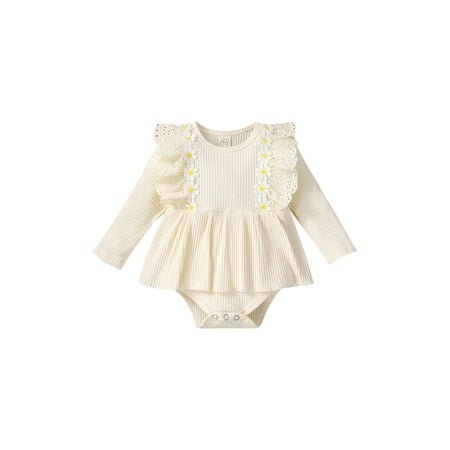 

Luckinbaby Ribbed Ruffle Playsuit Long Sleeve Decorative Flower Romper