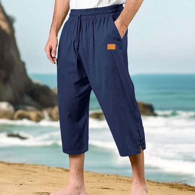 Ceisia Men's Gift Relaxed Three-quarter Cotton Linen Pants Breathable Elastic Waist Frog Button Multi-Color