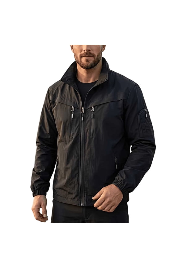 Men's Stand Collar Windbreaker Full Zip Multi Zipper Pocket Lightweight Outdoor Hiking Jacket Utility Field Outerwear