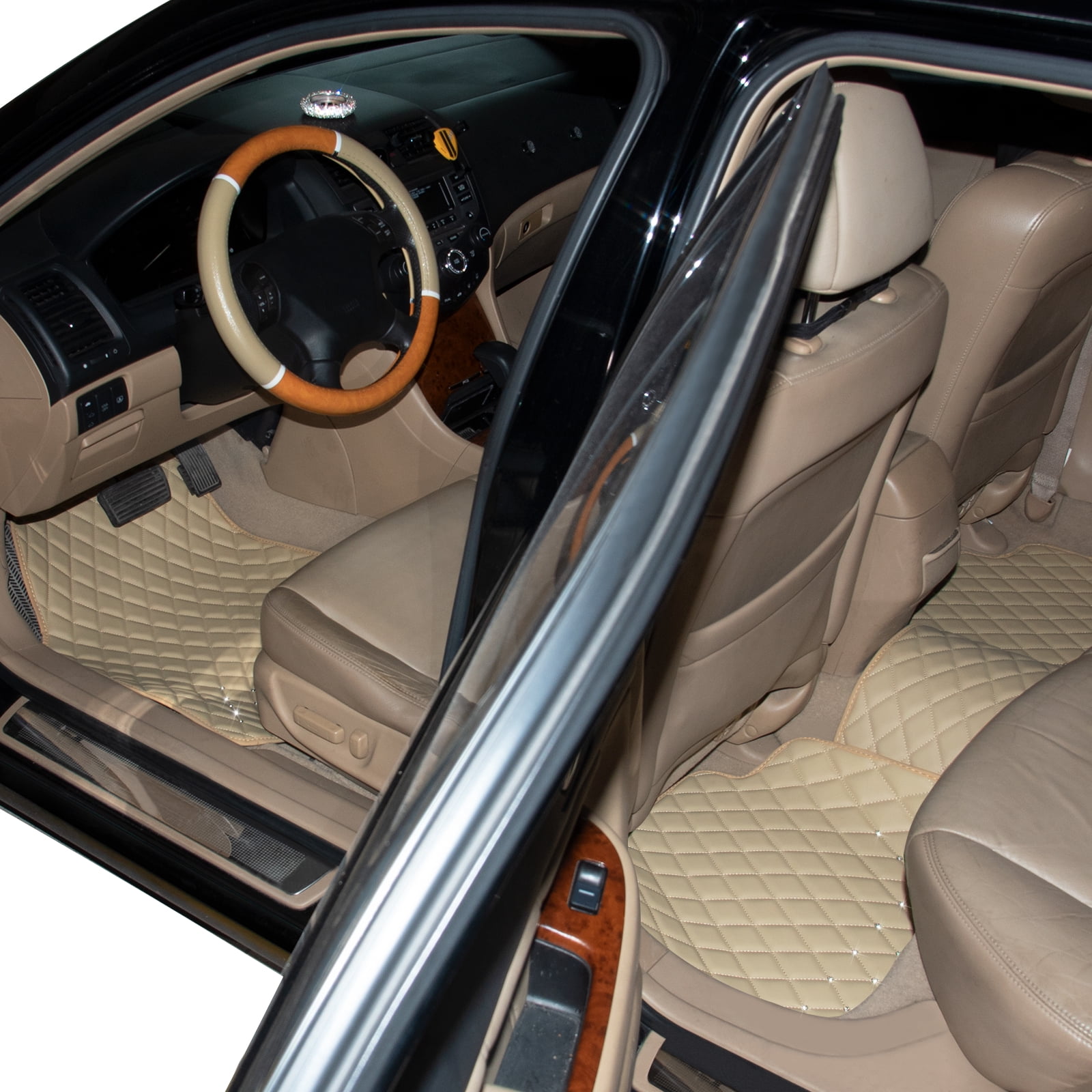 eing All Weather Pu Leather Floor Mats for Car SUV & Truck - 5 Pack/Set (Front & Rear), Heavy Duty Protection,Car Floor Cushion,Beige