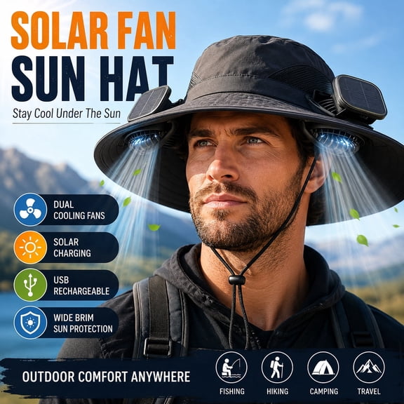 D.SLOATE Solar Fan Sun Hat, Wide Brim Outdoor Cooling Hat with Dual Rechargeable Fans, Solar & USB Powered, Breathable UV Sun Hat for Fishing, Hiking, Camping, Gardening, Beach, Travel