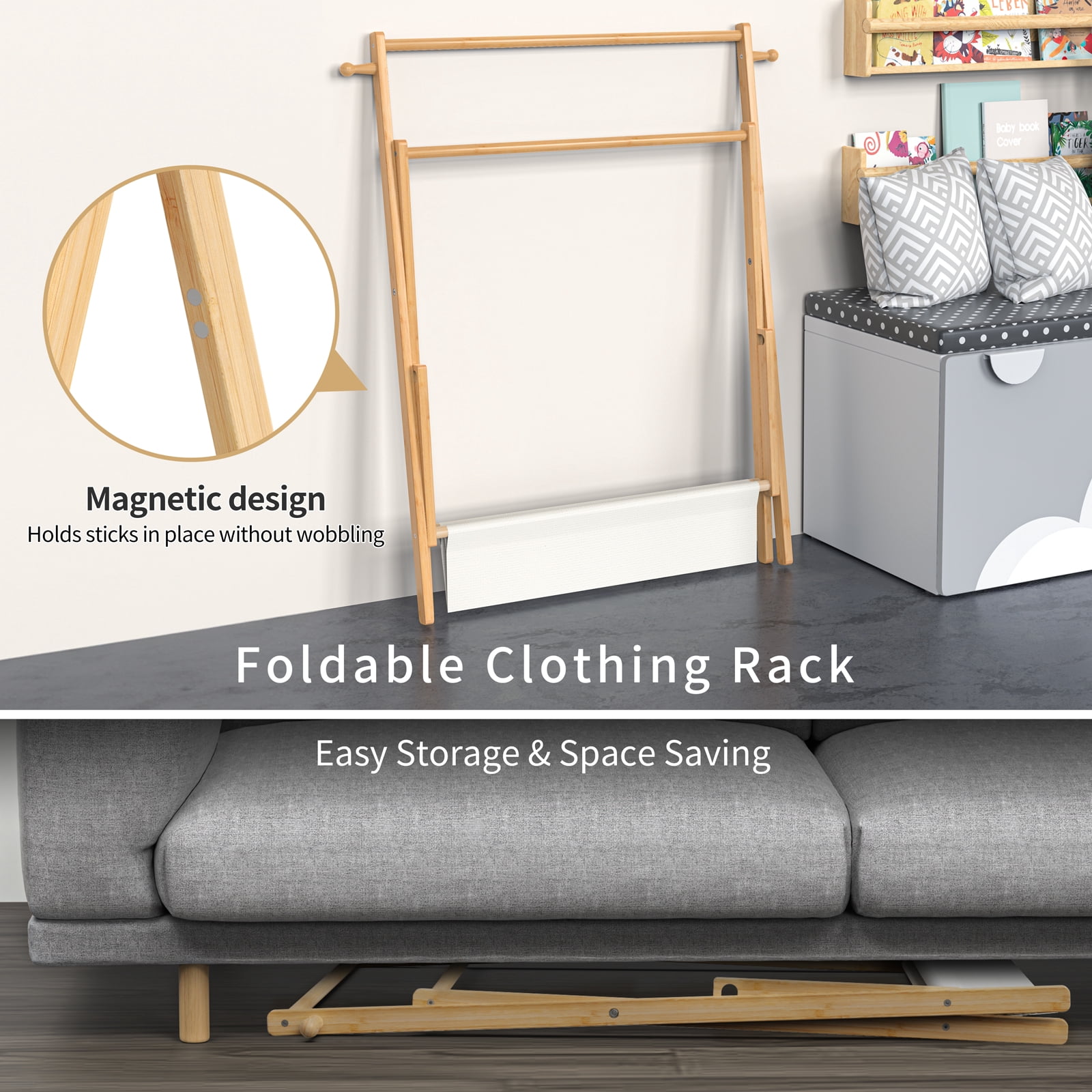 BAMBOOHOMIE Kids Clothes Rack, Bamboo Small Clothing Rack with Storage Shelf & 2 Rods, Foldable Child Garment Rack for Hanging Clothes, Regular Size