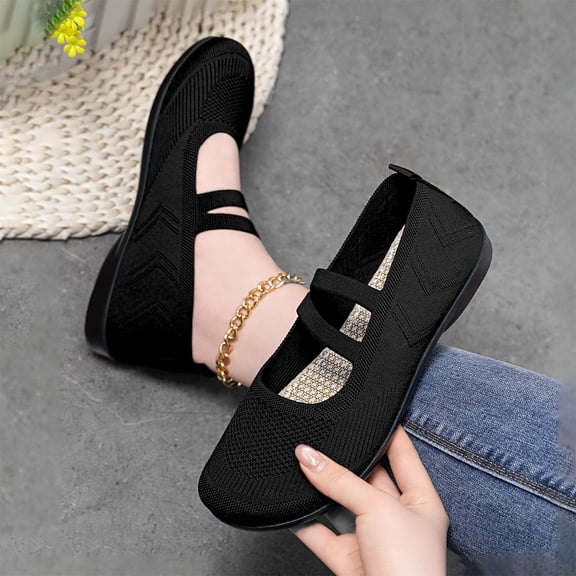 Mary Jane Ballet Flats Shoes for Women Foldable Round Toe Flats Knitted Hollow Out Zero Drop Ballet Flats Rubber Soles Elastic Band Casual Shoes for Walking Office,Comfortable Dressy Casual, Size:6