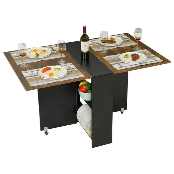 Folding Dining Table with 6 Wheels, Folding Kitchen Table with 2-Layer Storage Shelf, Space Saving Dining Table for Small Apartment, Rustic Brown and Black 31.5 in x 51.2 in x 28.4 in