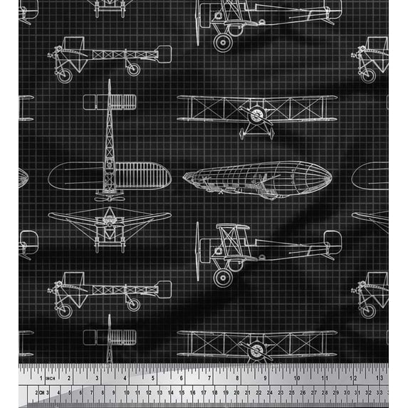 Soimoi Velvet Fabric Check & Airplane Transport Print Sewing Fabric Yard 58 Inch Wide