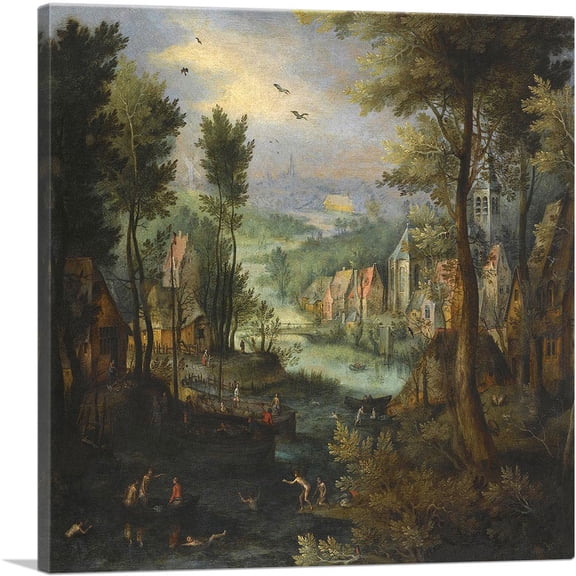 ARTCANVAS A River Landscape With Figures Bathing And a Village Beyond Canvas Art Print by Jan Brueghel The Elder - Size: 12" x 12" (0.75" Deep)