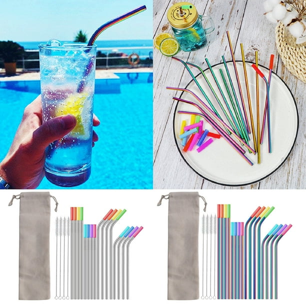 Juego de pajitas reutilizables de acero inoxidable con pack de 16 – pajitas extra largas con estuche de viaje, puntas de silicona, 4 limpiadores de cepillos, acabado pulido, apto para lavavajillas