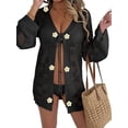 thumbnail image 3 of Women'S Tie Front Hollow Out Tops 3D Knitted Flower Decor Bell Sleeve Crochet Boho Cute Cardigan Shirts Black One size, 3 of 8
