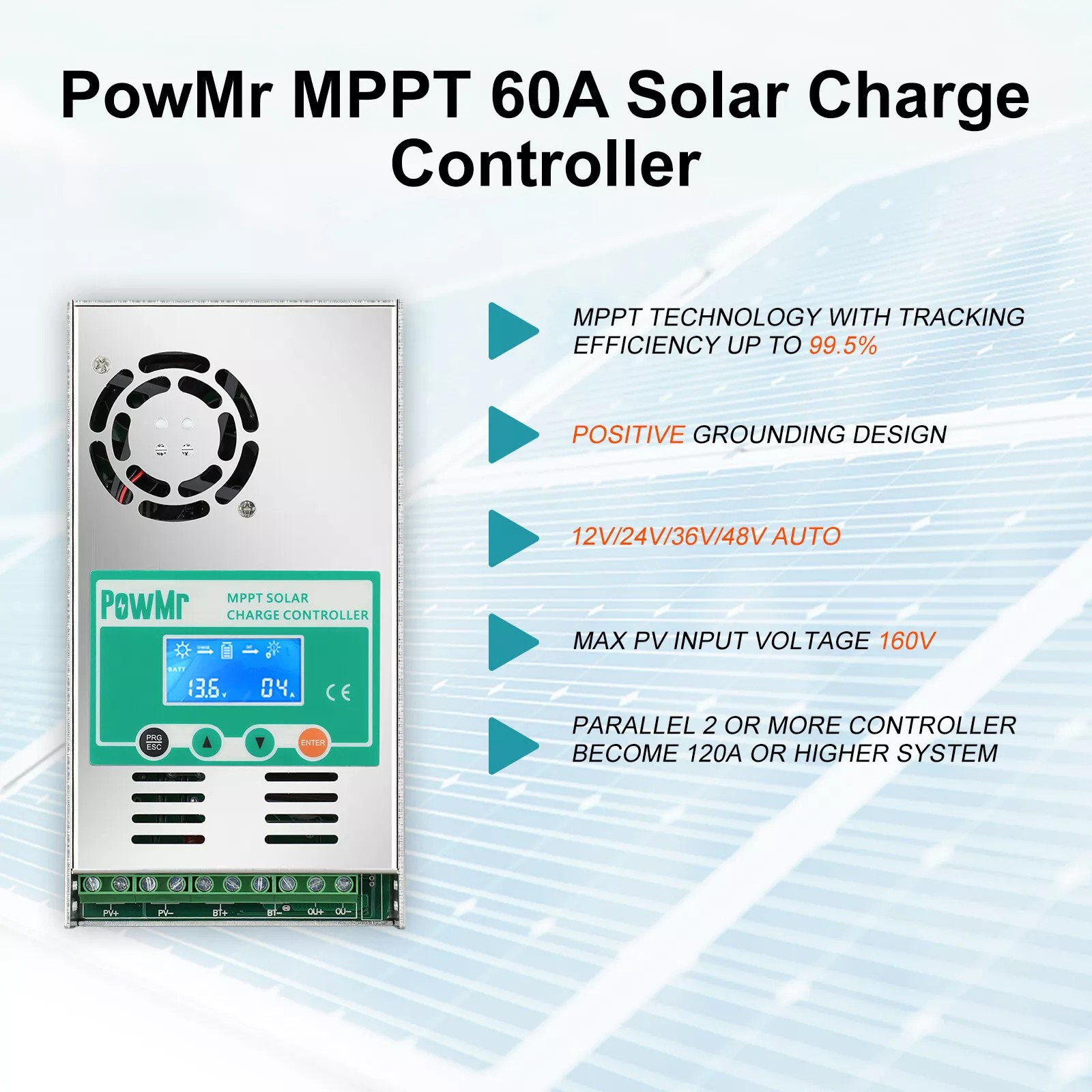 PowMr 60A MPPT Solar Charge Controller, 12V/24V/36/48VDC Input, LCD Display Solar Charge Controller Regulator For Flooded Lead-acid Vented Sealed Gel NiCd Lithium Battery