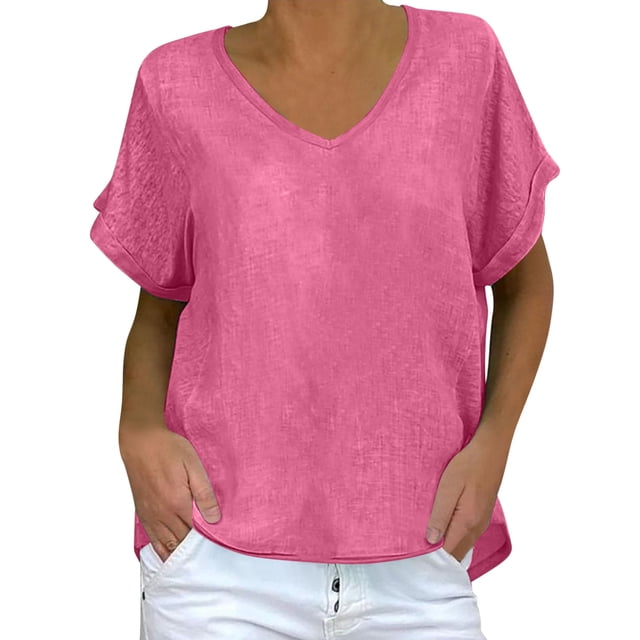 Dvprdro Hauts d'Été en Imitation Coton et Lin pour Femmes T-Shirt à Manches Courtes Col en V Décontracté