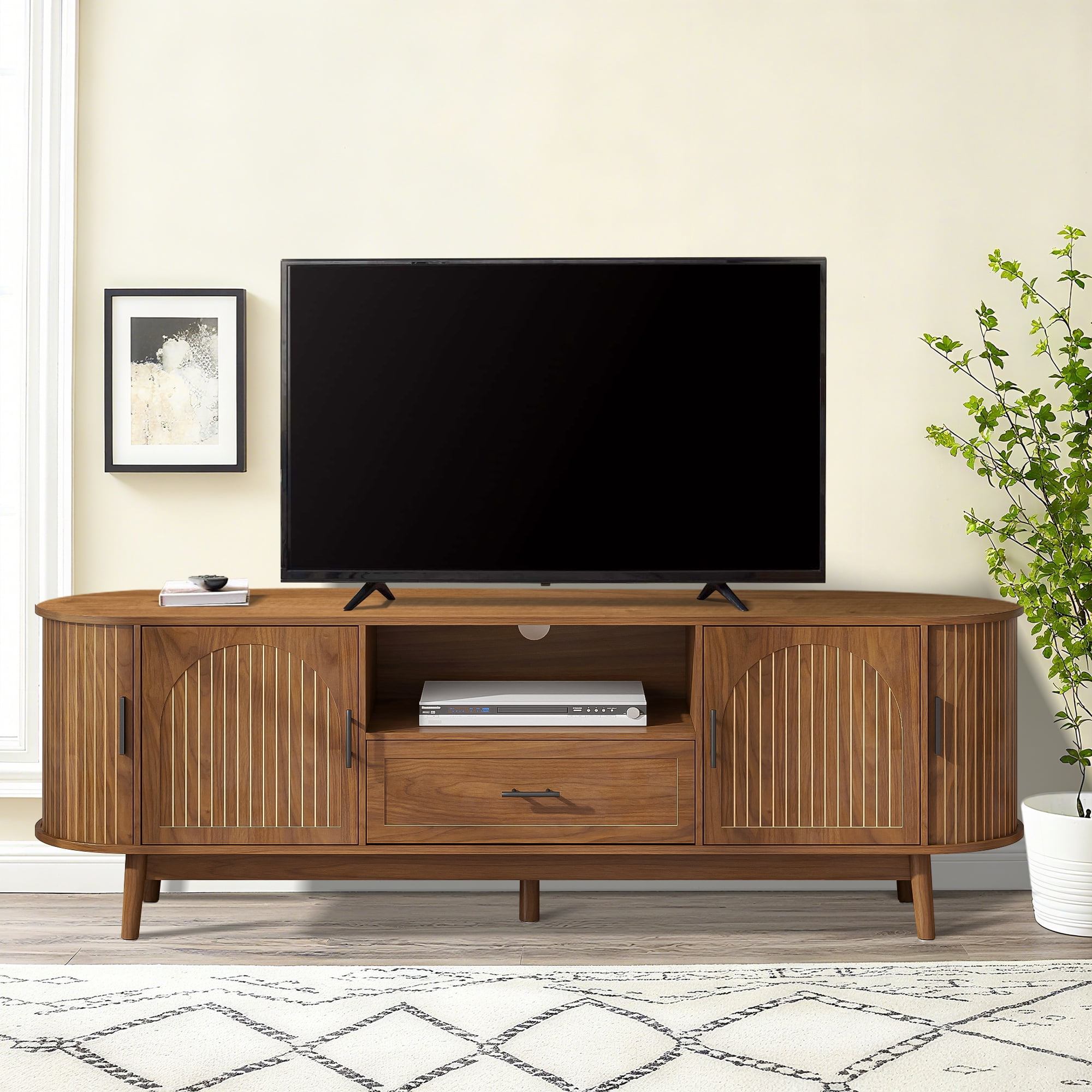 70" TV Stand for Tvs up to 80", Mid Century Modern Fluted Entertainment Center with Drawer and Fluted Doors, Media Console for Living Room Bedroom, Walnut